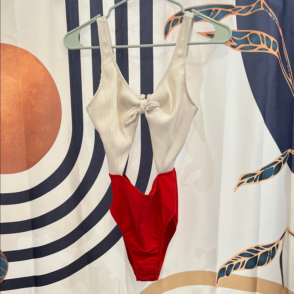 Hollister Cream and Red Ribbed Tie-Front One-Piece Swimsuit